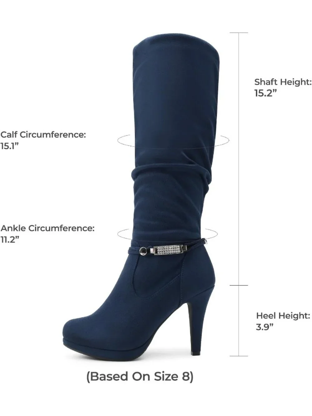 Women's Navy Suede Stiletto Heel Rhinestone Chain Side Zipper Knee High Boots